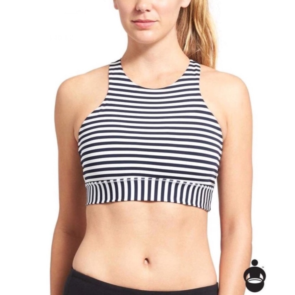 Athleta High Moon Sports Bra Navy and White Stripe High Neck Bra Size Me…